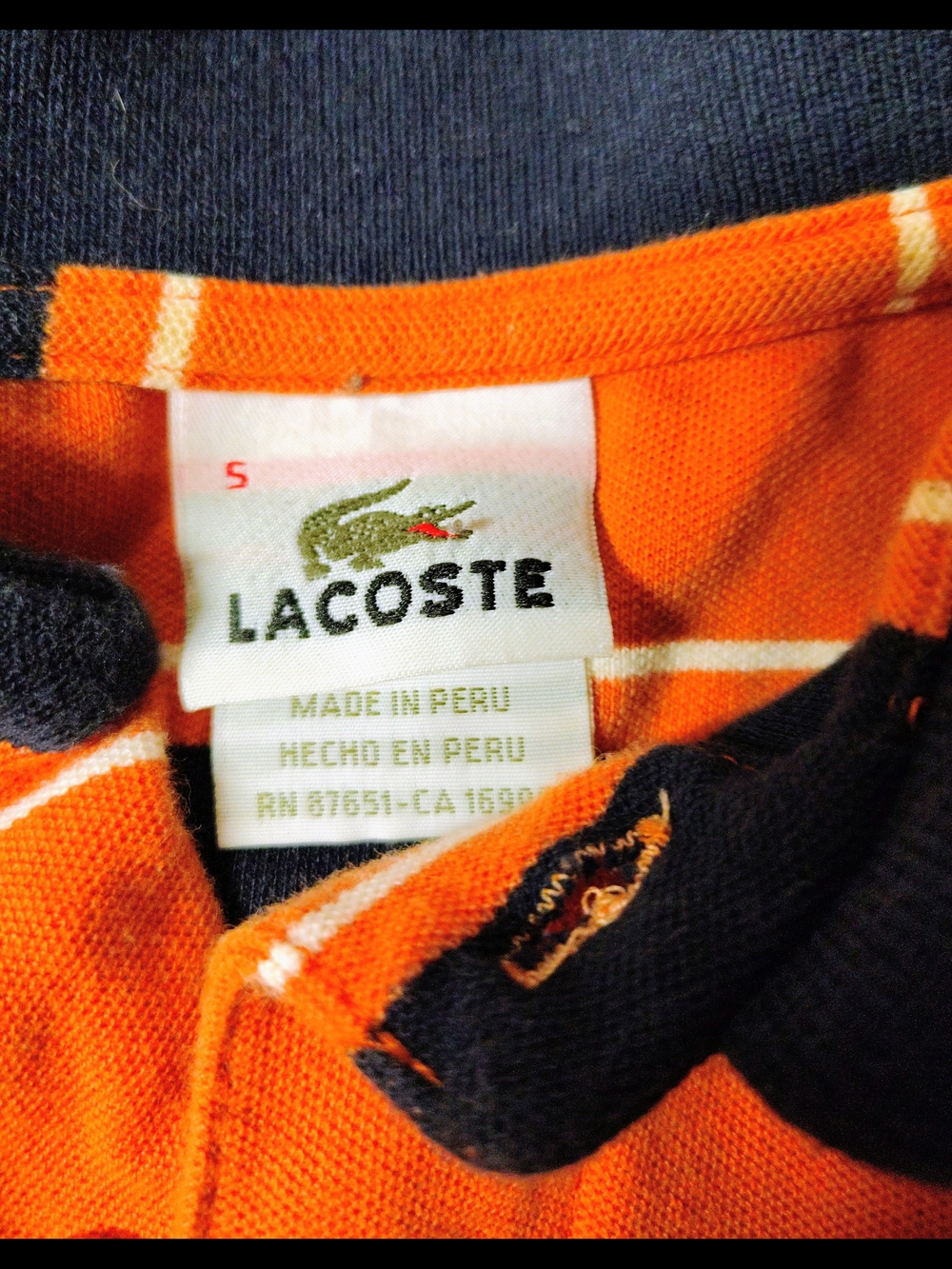 Lacoste Men's Orange Navy Striped Short Sleeve Polo Shirt Size 5 / Medium - Picture 3 of 6